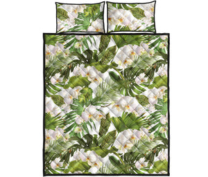 White orchid flower tropical leaves pattern Quilt Bed Set