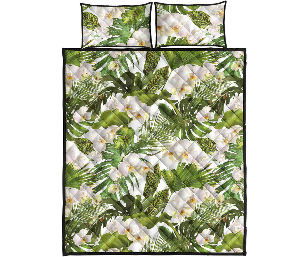 White orchid flower tropical leaves pattern Quilt Bed Set