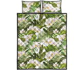 White orchid flower tropical leaves pattern Quilt Bed Set