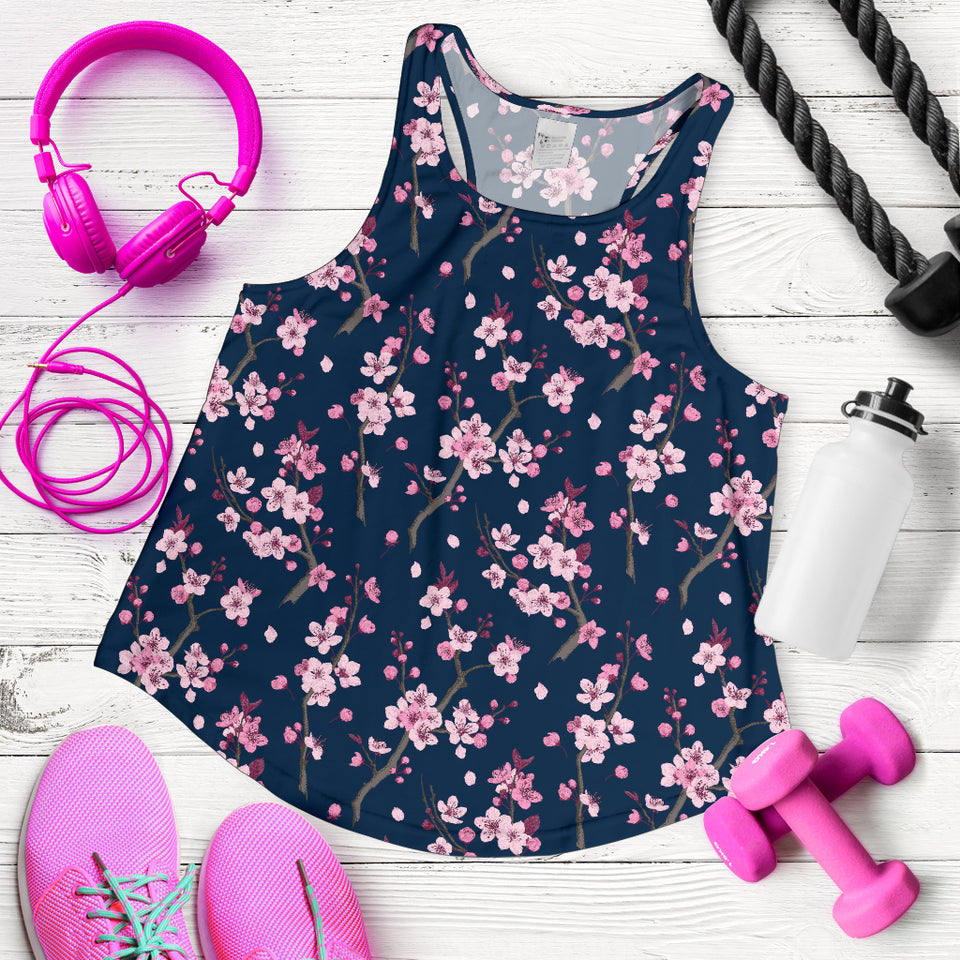 Pink sakura cherry blossom blue background Women Racerback Tank Top