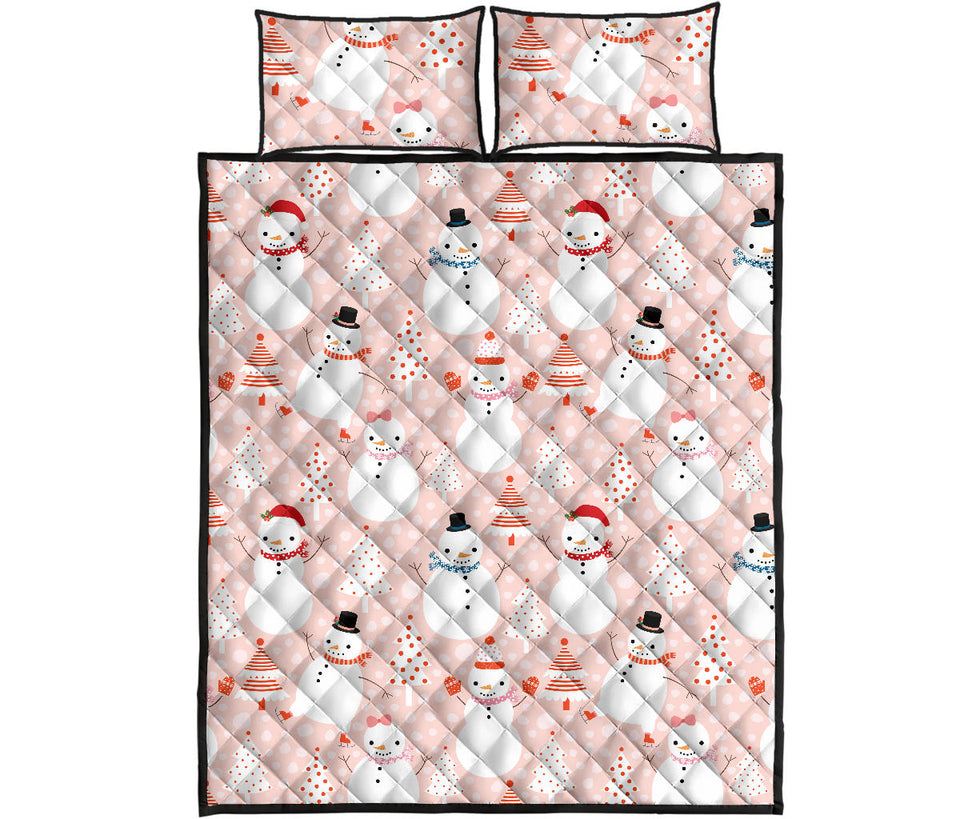 Cute snowman christmas tree snowpink background Quilt Bed Set