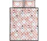 Cute snowman christmas tree snowpink background Quilt Bed Set