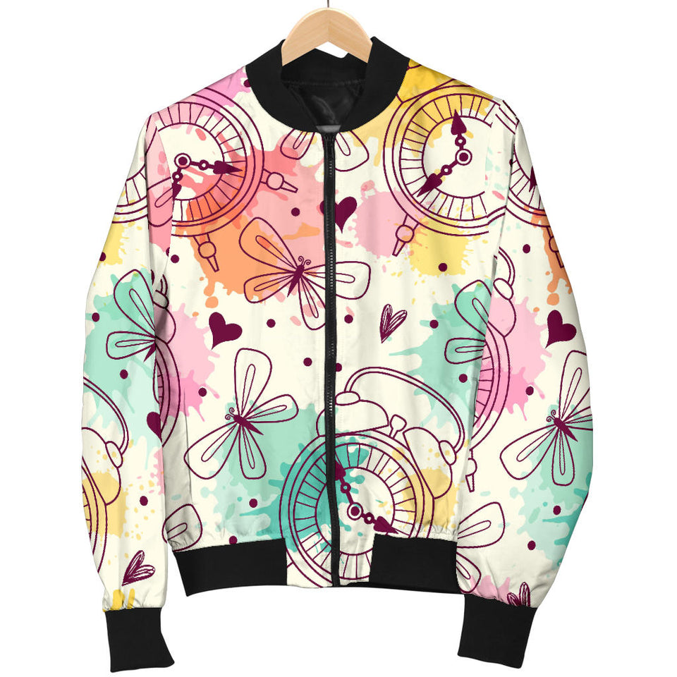 Clock Butterfly Pattern Women'S Bomber Jacket