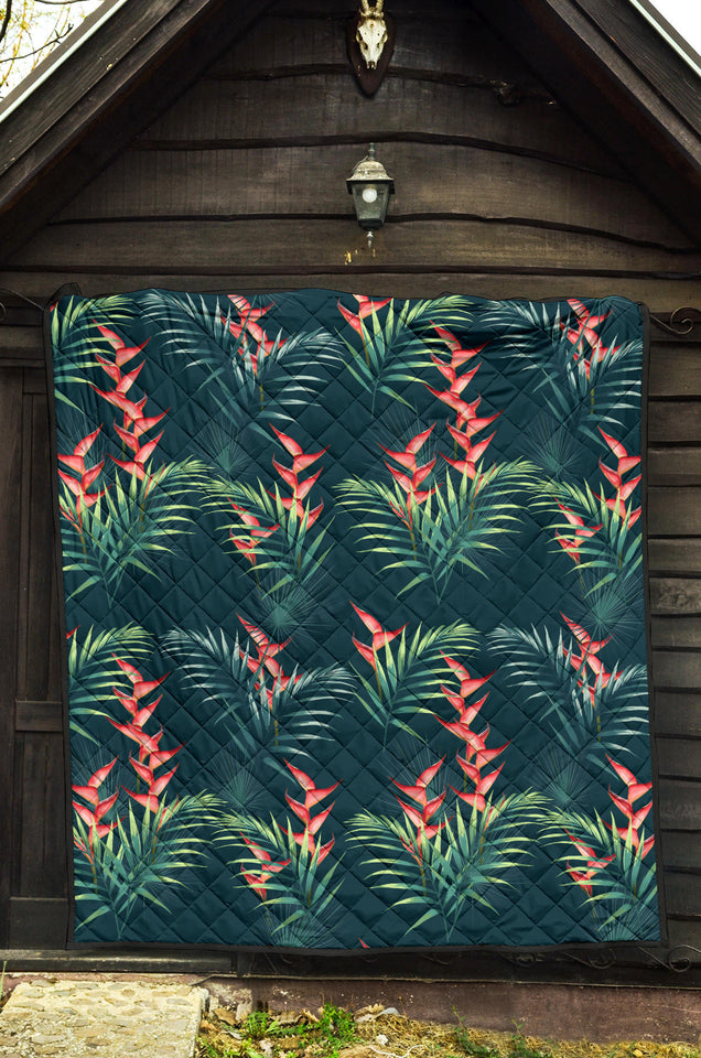 Heliconia Flowers, Palm And Monstera Leaves On Black Background Pattern Premium Quilt