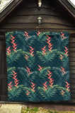 Heliconia Flowers, Palm And Monstera Leaves On Black Background Pattern Premium Quilt