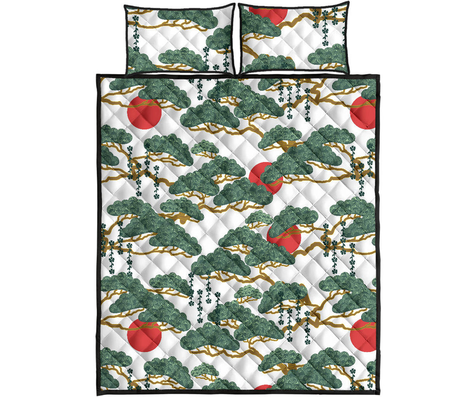 Bonsai red sun japanese pattern Quilt Bed Set