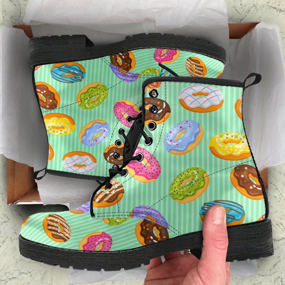 Colorful Donut Pattern Green Background Leather Boots