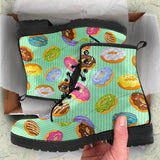 Colorful Donut Pattern Green Background Leather Boots