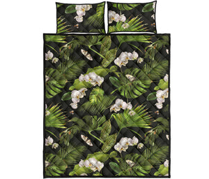 White orchid flower tropical leaves pattern blackground Quilt Bed Set