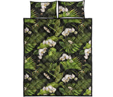 White orchid flower tropical leaves pattern blackground Quilt Bed Set