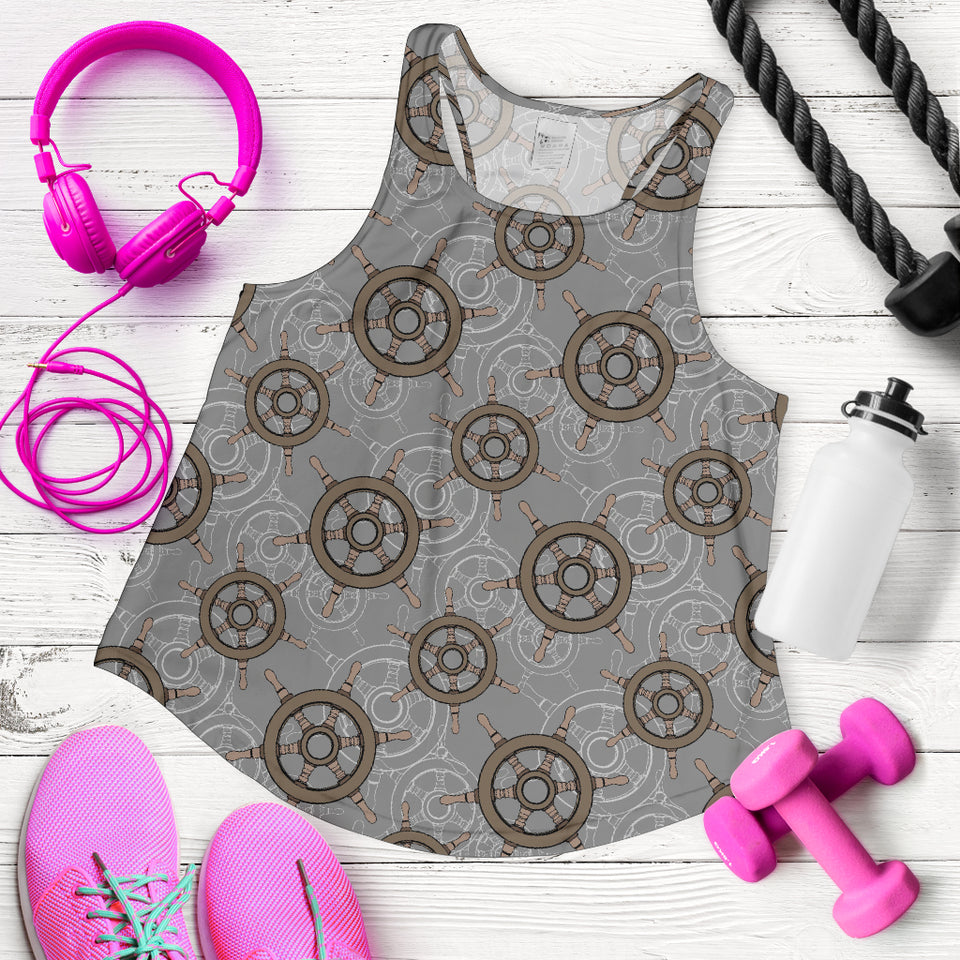 nautical wood steering wheel pattern Women Racerback Tank Top