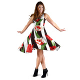 Red And White Tulips Pattern Sleeveless Midi Dress