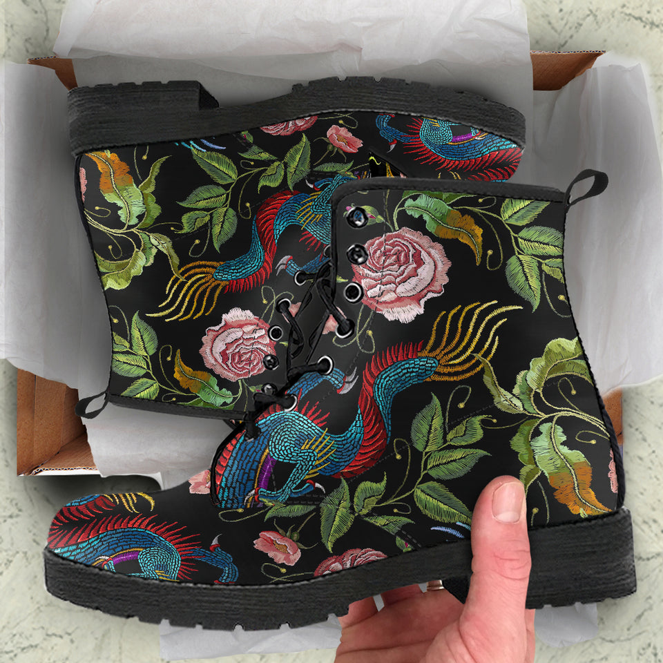 Dragons Flower Pattern Leather Boots