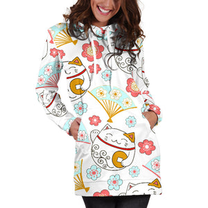 Maneki Neko Lucky Cat Fan Sakura Women'S Hoodie Dress