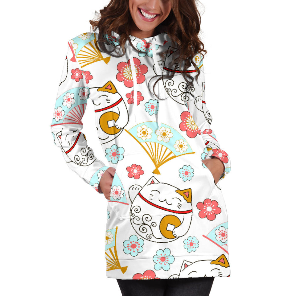 Maneki Neko Lucky Cat Fan Sakura Women'S Hoodie Dress