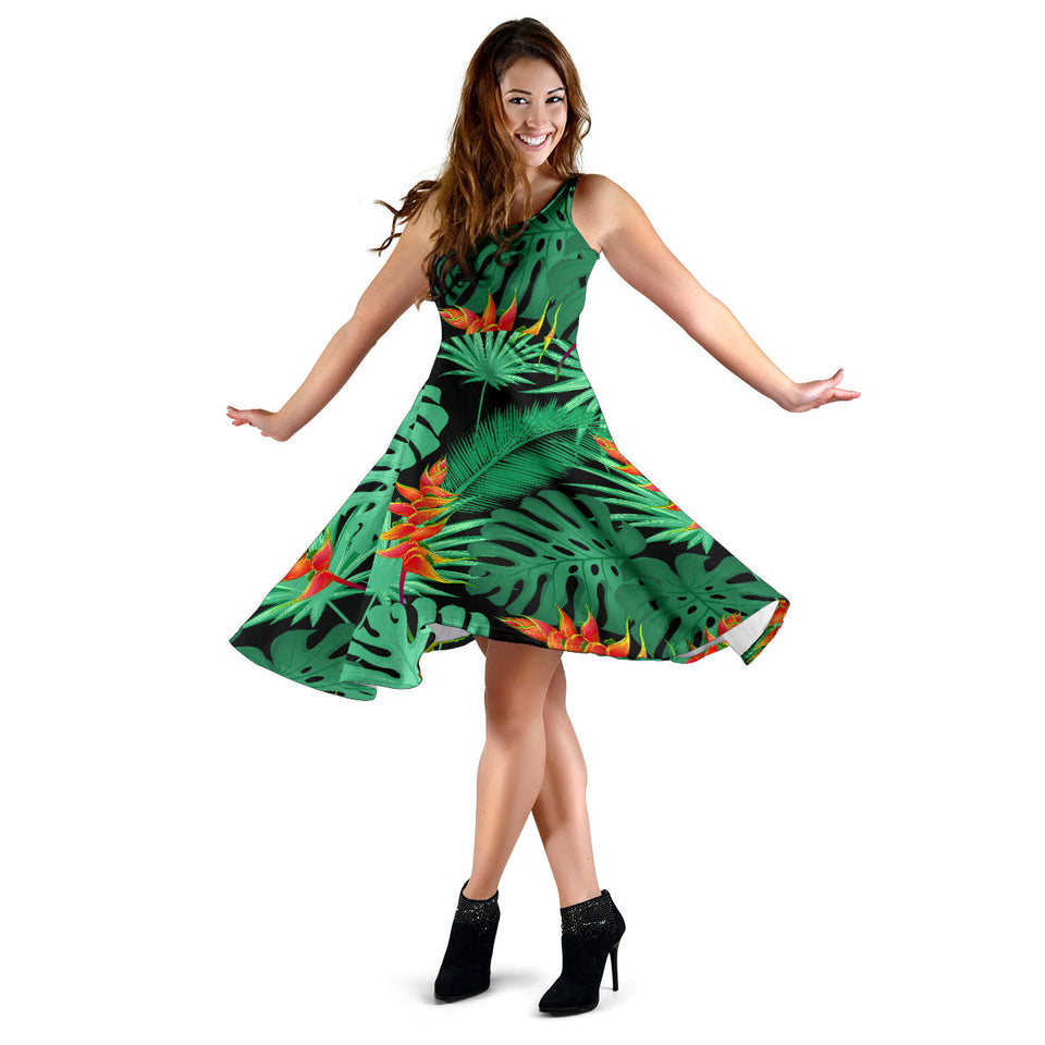 Heliconia Flower Palm Monstera Leaves Black Background Sleeveless Midi Dress