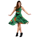 Heliconia Flower Palm Monstera Leaves Black Background Sleeveless Midi Dress