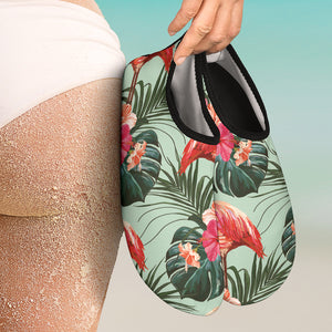 Beautiful Flamingo Tropical Palm Leaves Hibiscus Pateern Background Aqua Shoes