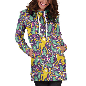 Cute Yellow Monkey Leaves Pattern Women'S Hoodie Dress