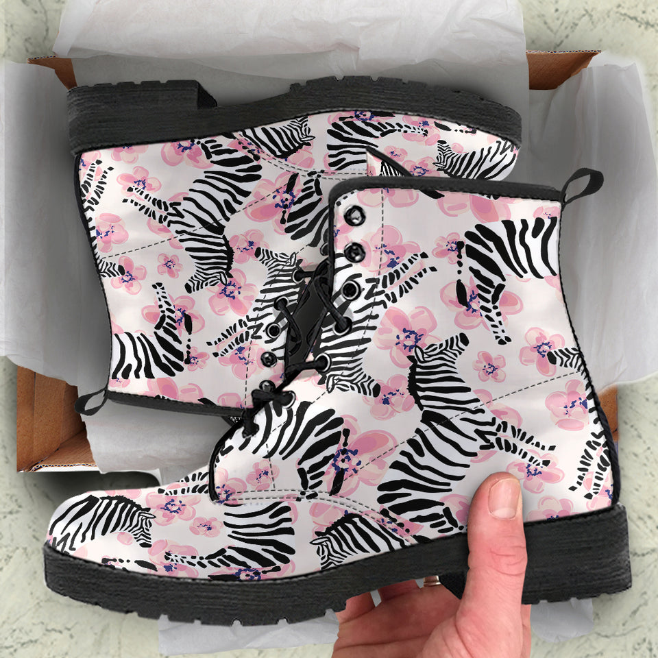 Zebra Pink Flower Background Leather Boots