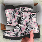 Zebra Pink Flower Background Leather Boots