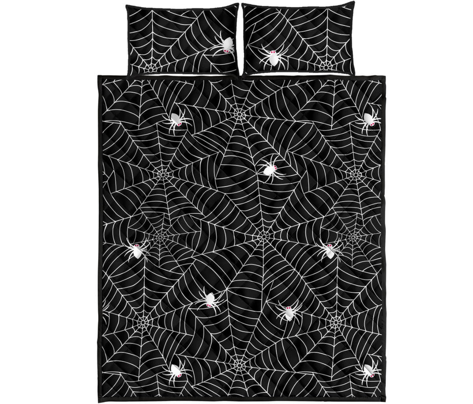 Spider web design pattern Black background white cobweb Quilt Bed Set