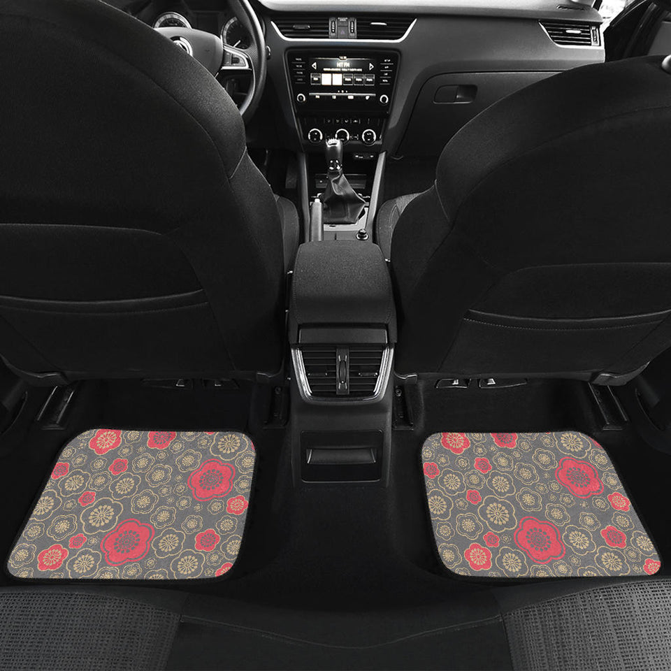 Red Gold Sakura Cherry Blossom Gray Background Front And Back Car Mats