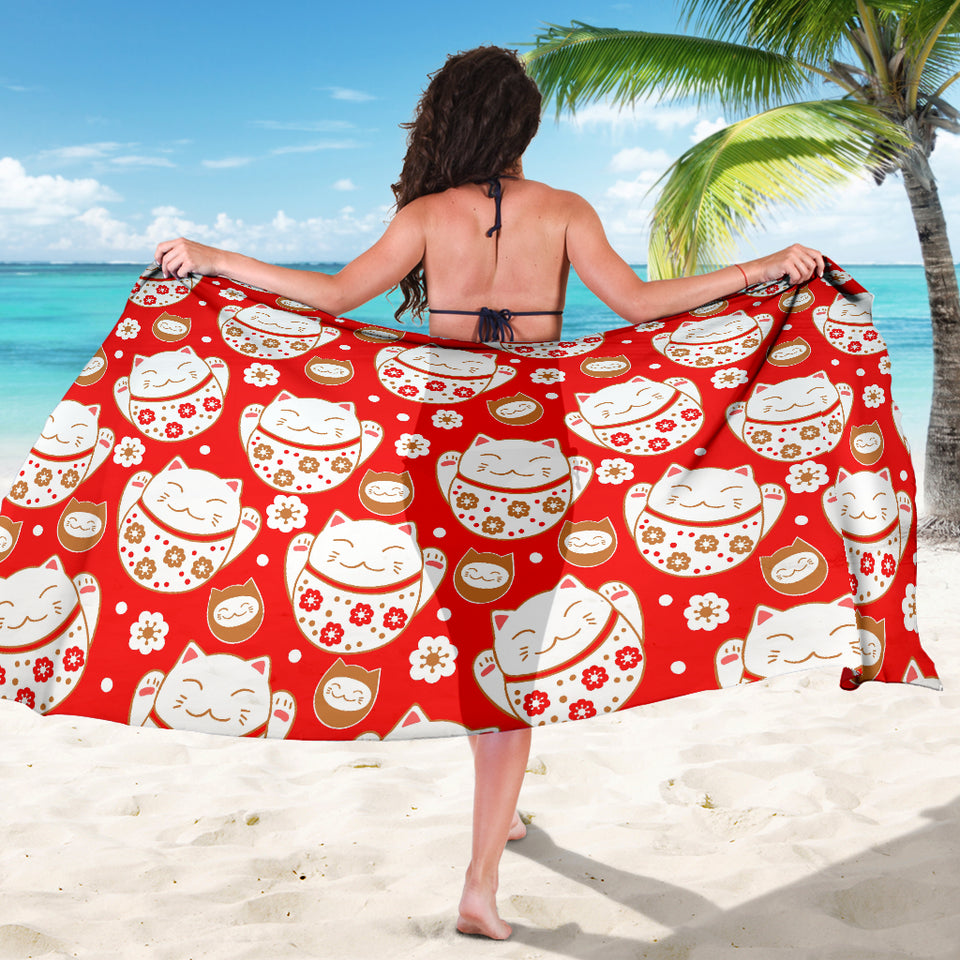 Cute Maneki Neko Lucky Cat Red Background Sarong