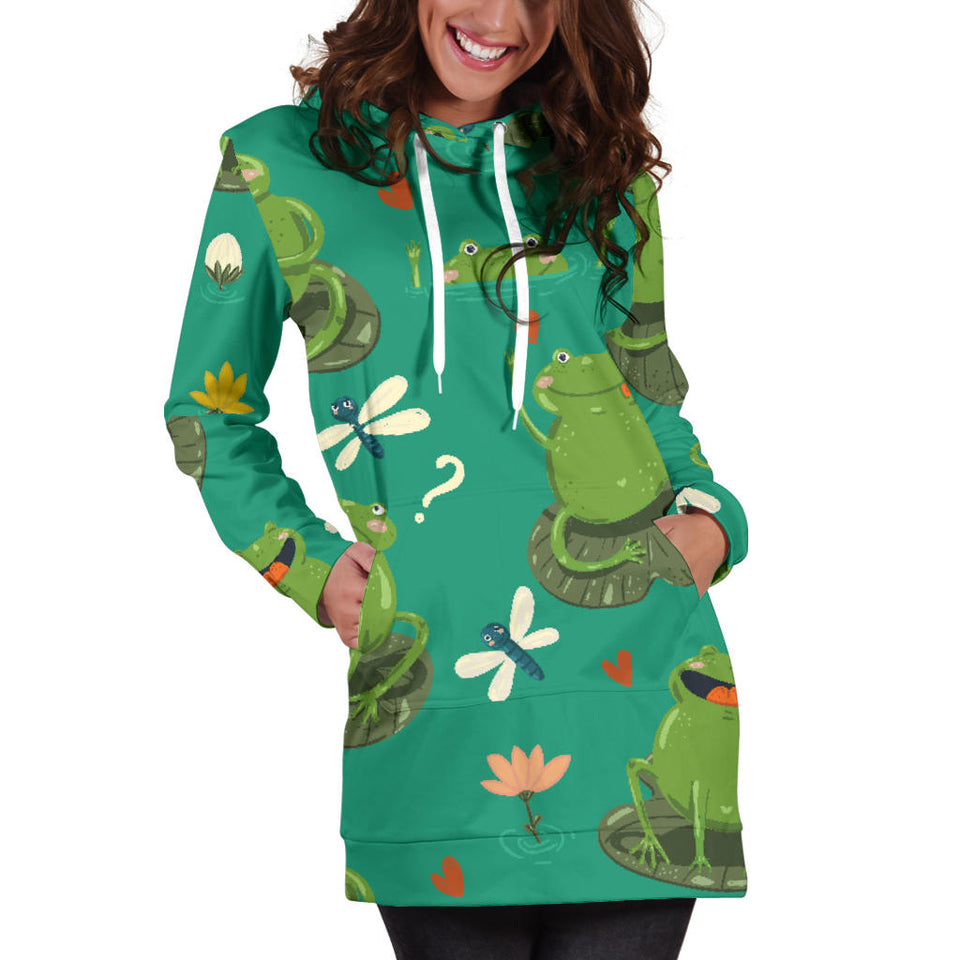 Cute Frog Dragonfly Design Pattern Women'S Hoodie Dress