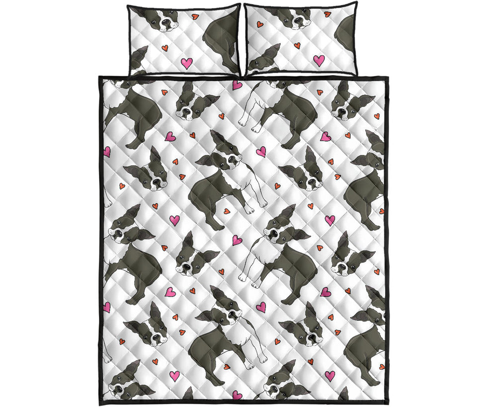 Boston terrier dog hearts vector pattern Quilt Bed Set