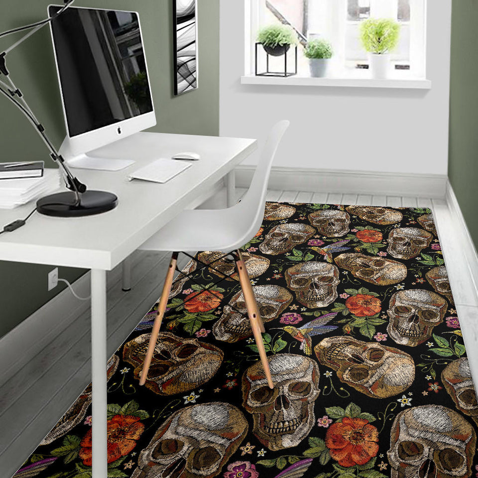 Skull Rose Humming Bird Flower Pattern Area Rug
