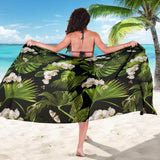White Orchid Flower Tropical Leaves Pattern Blackground Sarong