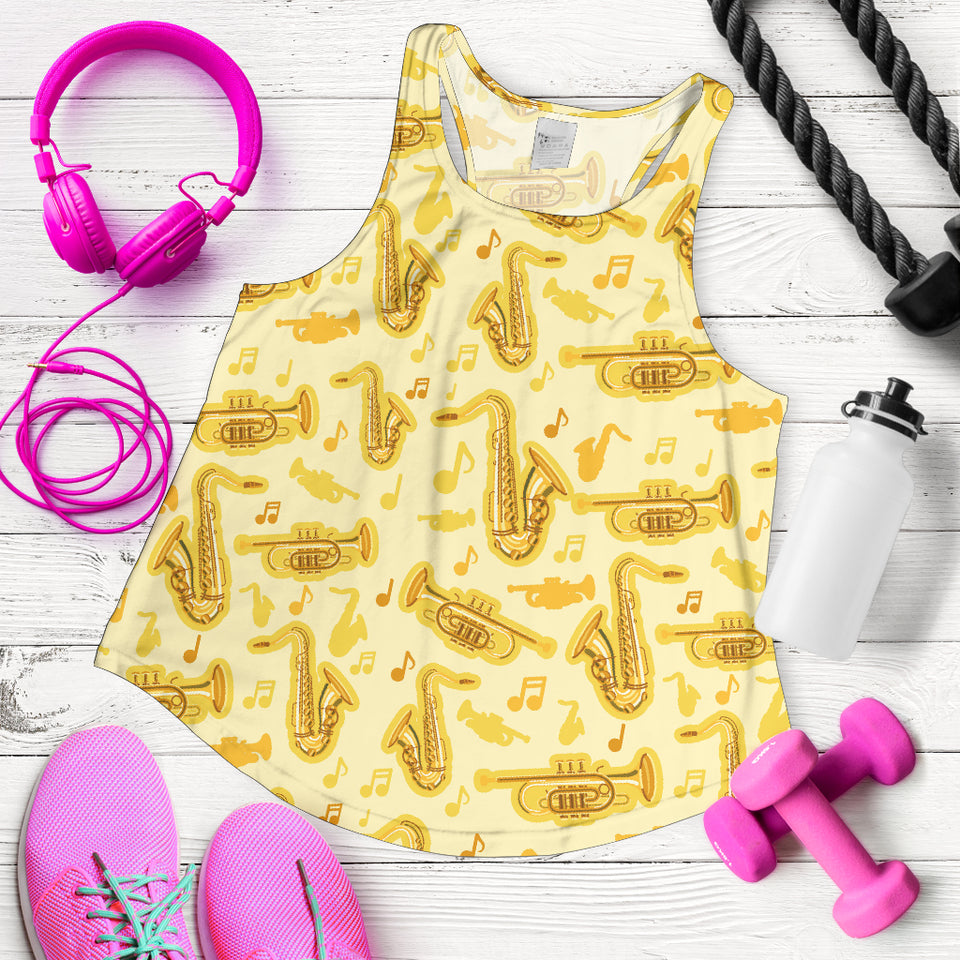 Saxophone cornet pattern yellow background Women Racerback Tank Top