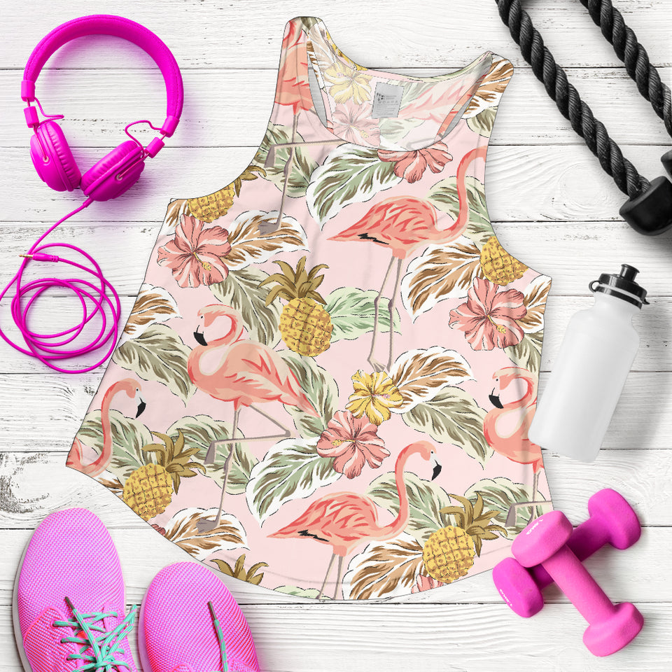 Pink flamingo birds pineapples hibiscus flower pattern Women Racerback Tank Top