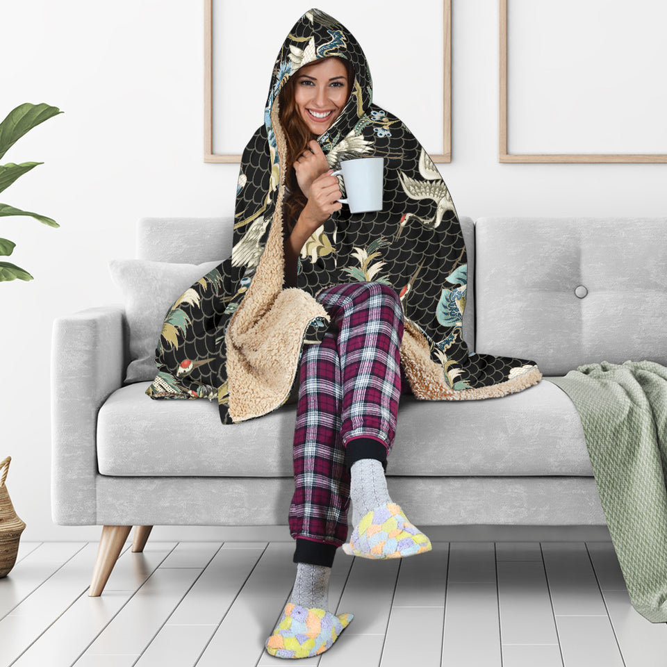 Japanese Crane Ornament Elements Hooded Blanket