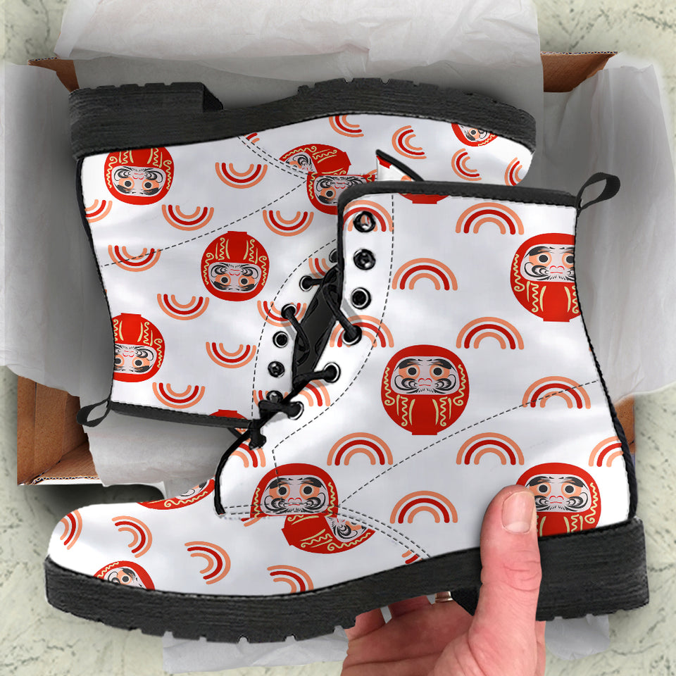Daruma Japanese Wooden Doll Design Pattern Leather Boots