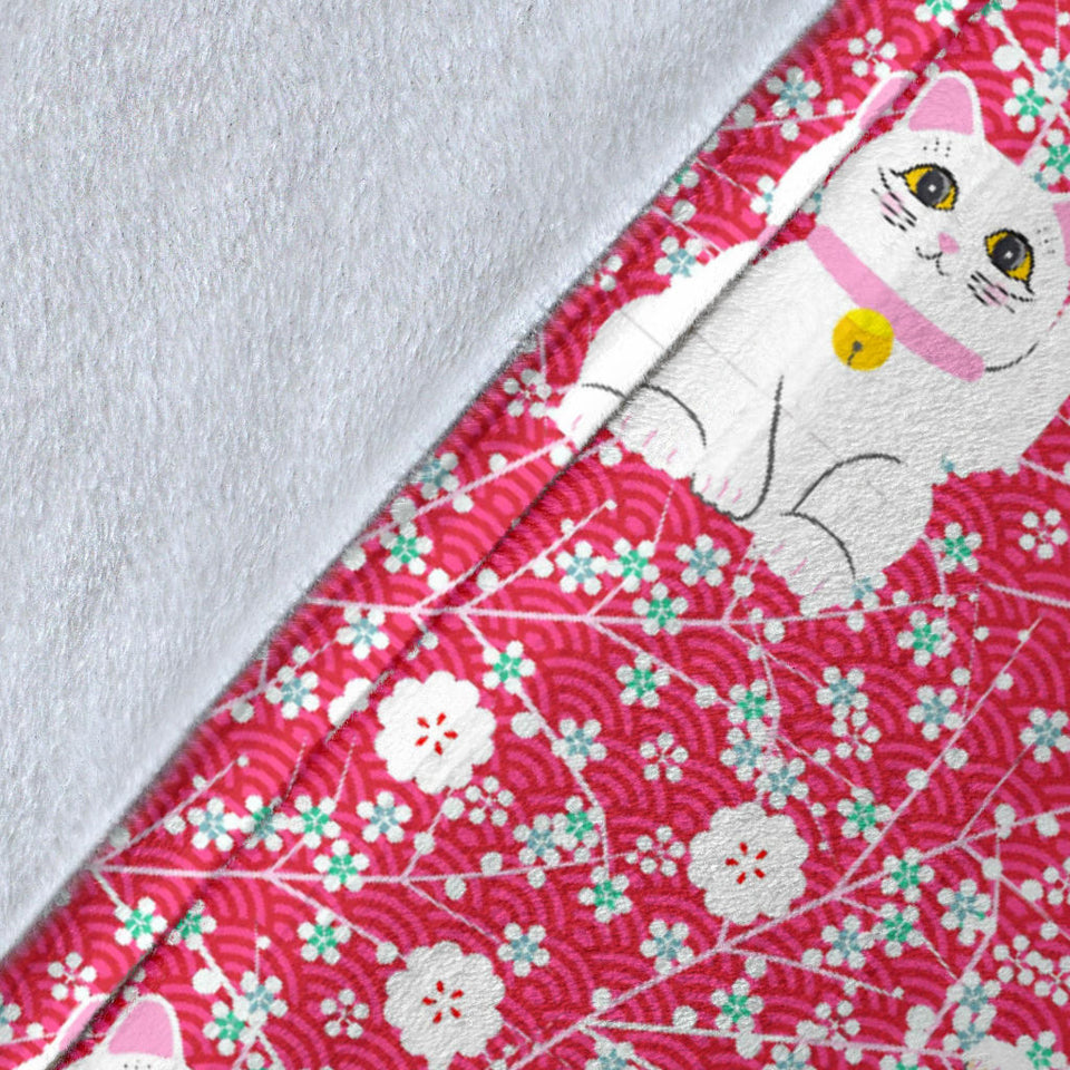 Maneki Neko Lucky Cat Sakura Pink Background Premium Blanket