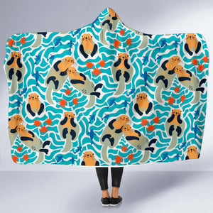 Cute Sea Otters Fishe Sea Urchin Pattern Hooded Blanket