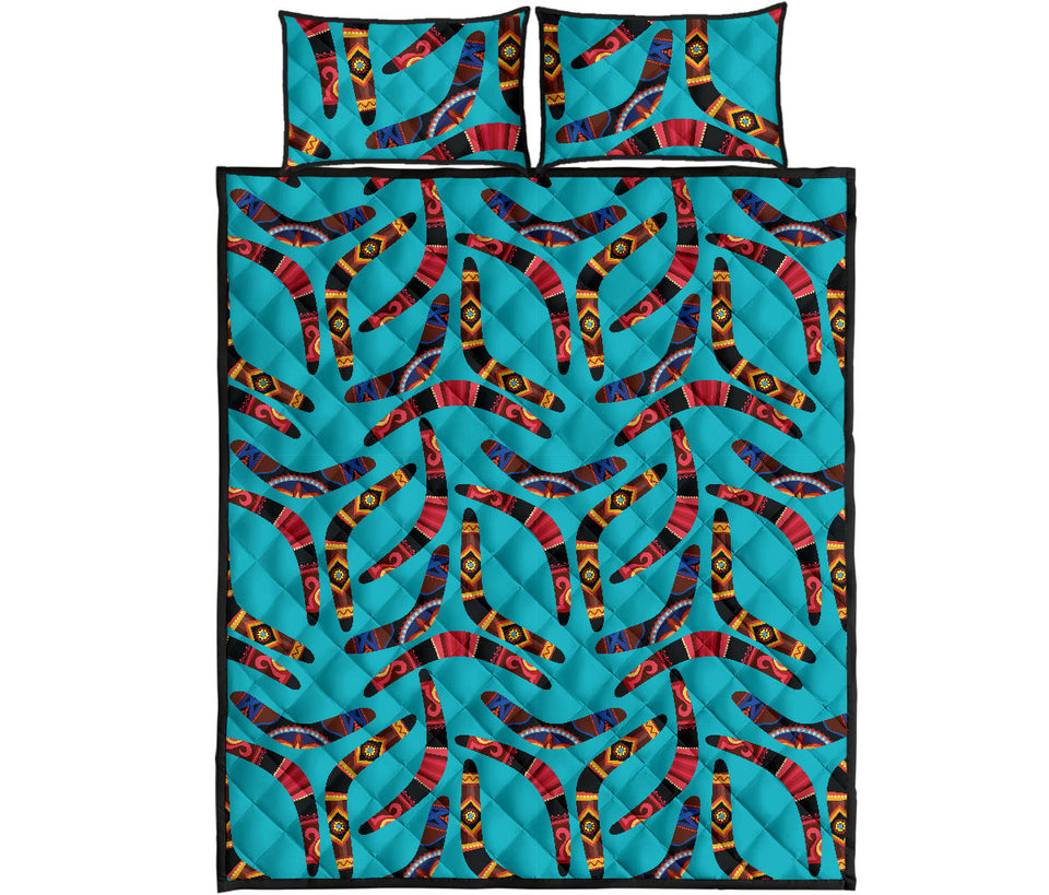 Boomerang Australian aboriginal ornament blue background Quilt Bed Set