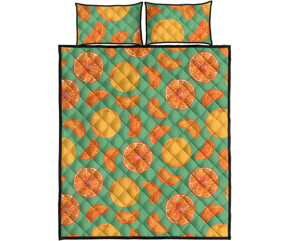 orange fruit pattern green background Quilt Bed Set