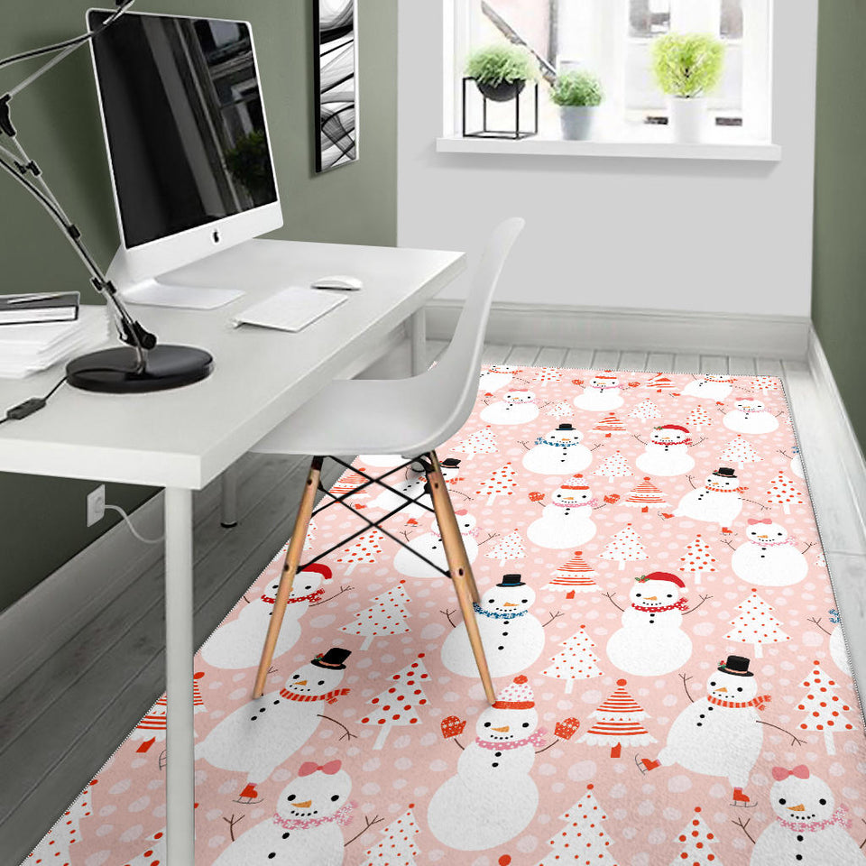 Cute Snowman Christmas Tree Snowpink Background Area Rug