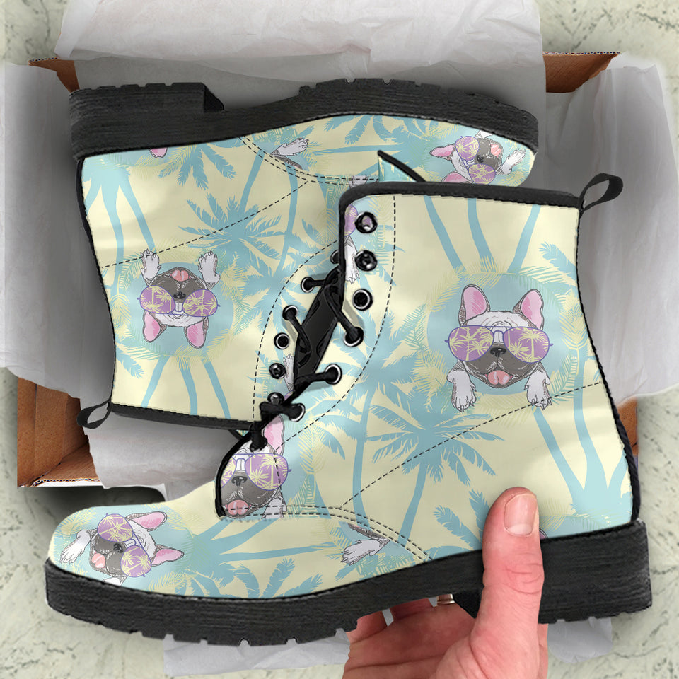 French Bulldog Hawaii Blackground Leather Boots