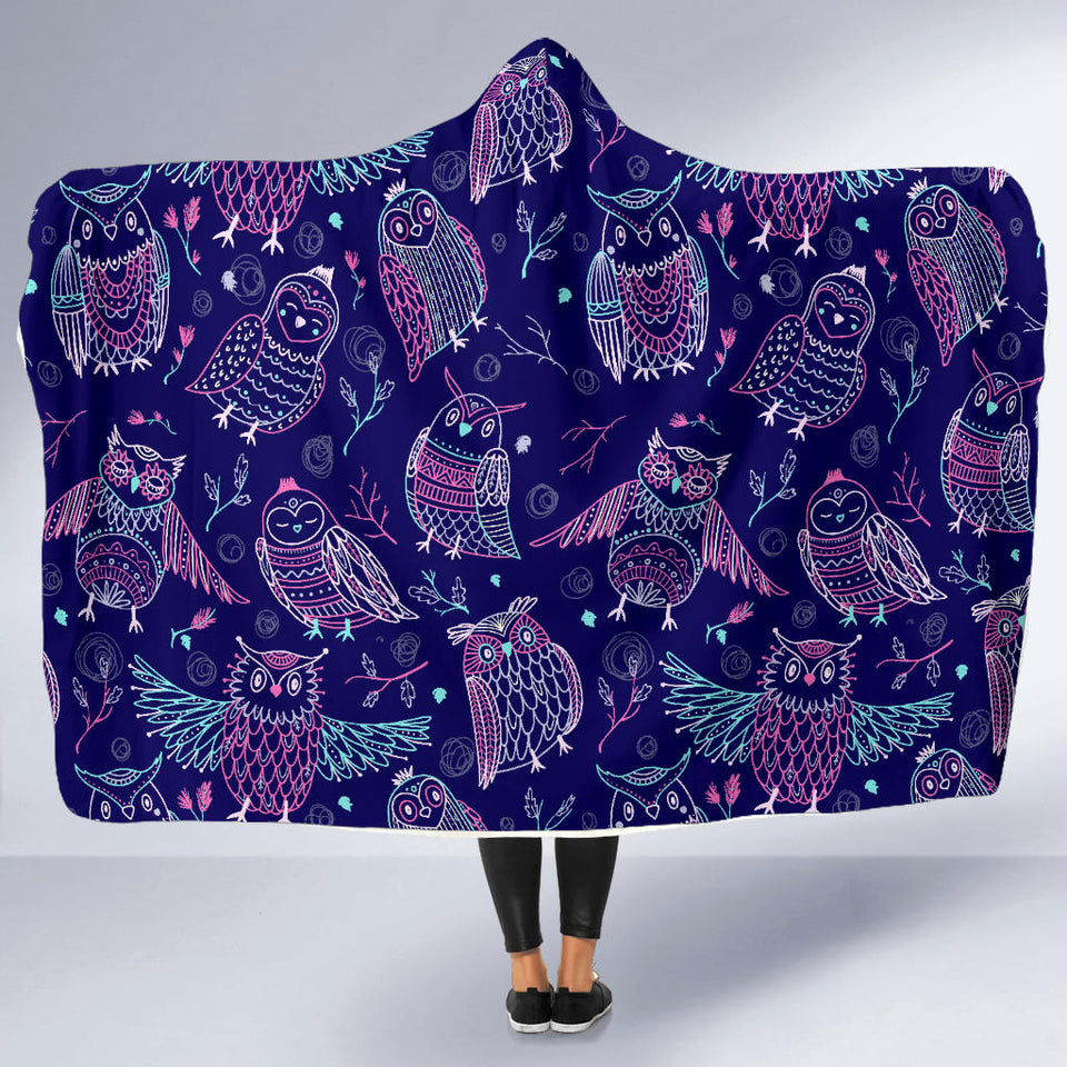 Cute Owls Pattern Boho Style Ornament Hooded Blanket