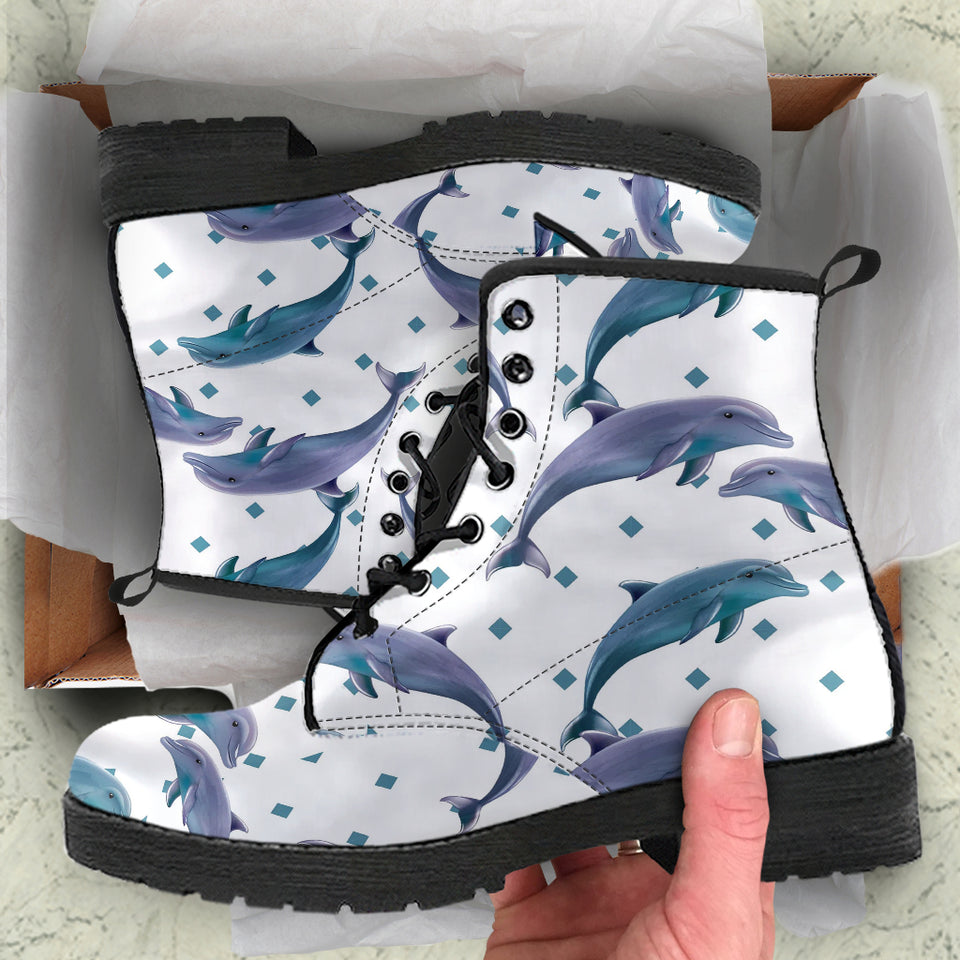 Dolphins Pattern Dotted Background Leather Boots