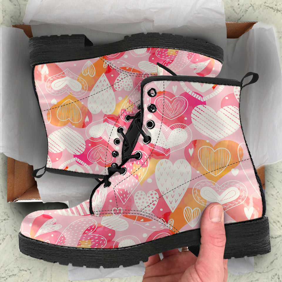 Hand Drawn Heart Design Pattern Leather Boots