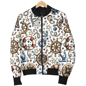 Cute Nautical Steering Wheel Anchor Pattern Women'S Bomber Jacket