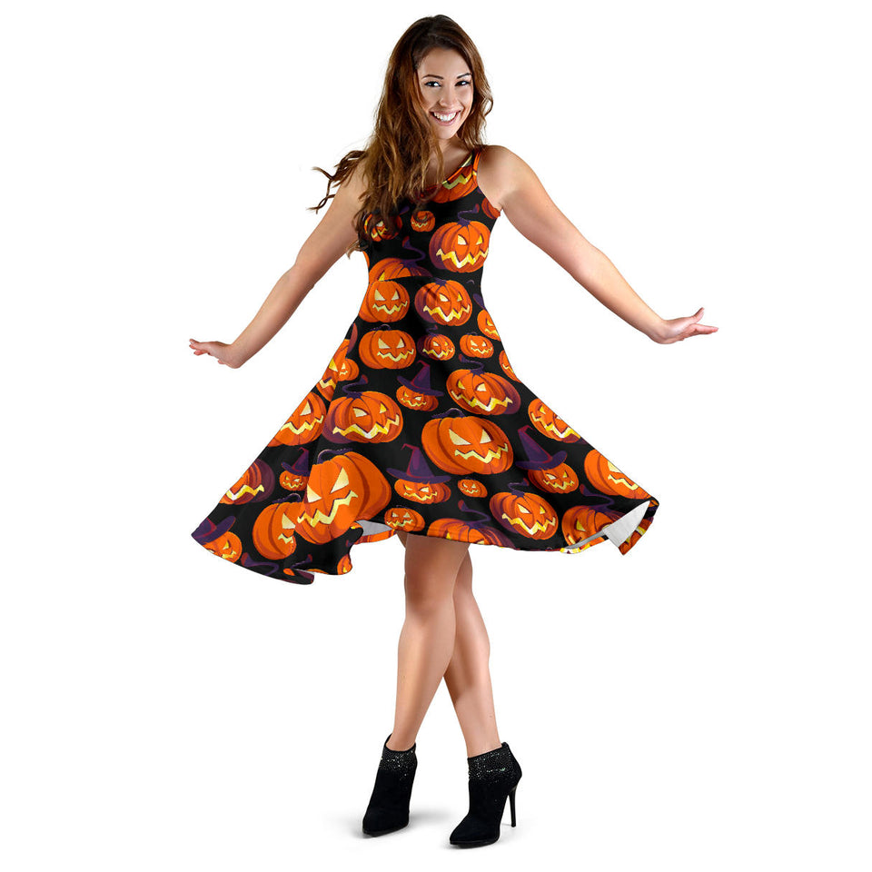 Halloween Pumpkin Pattern Sleeveless Midi Dress