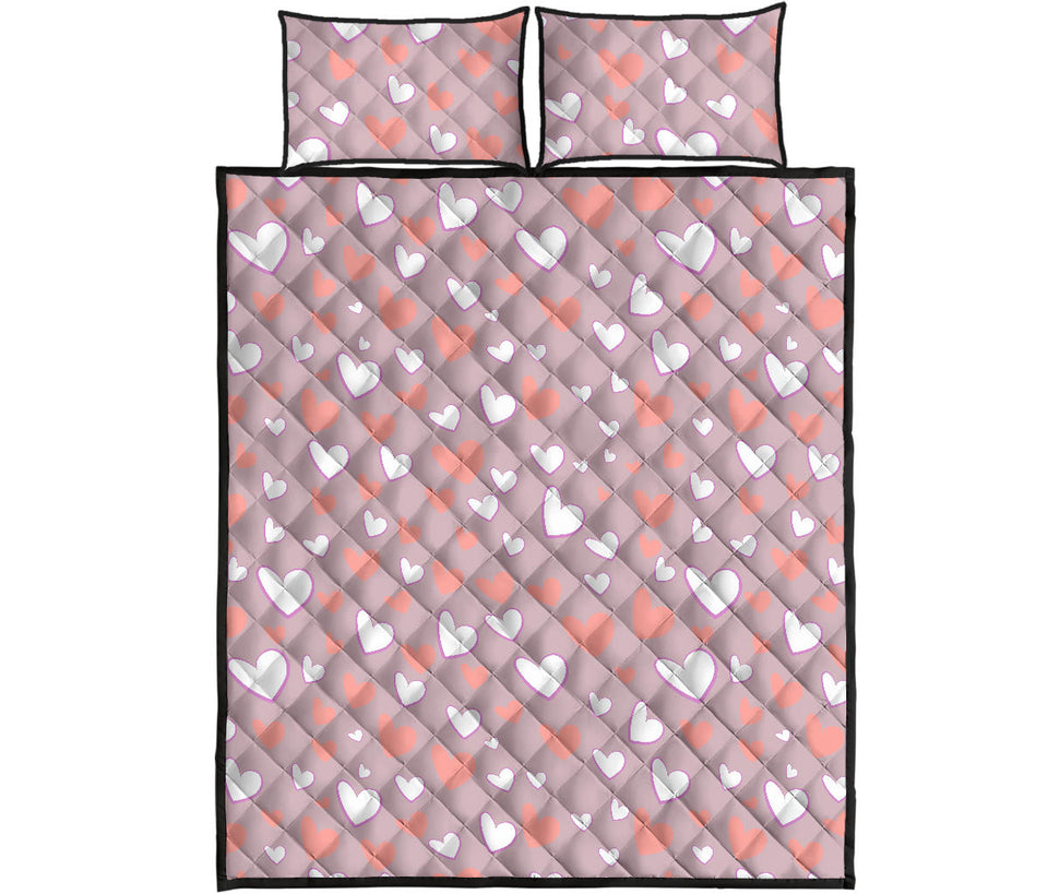 coral white heart pattern Quilt Bed Set