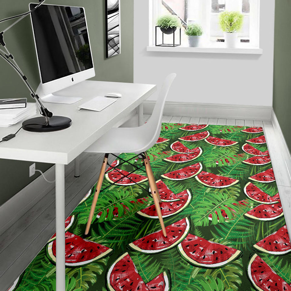 Watermelons Tropical Palm Leaves Pattern Background Area Rug