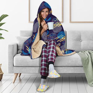 Blue Japanese Pattern Cloud Wave Flower Hooded Blanket